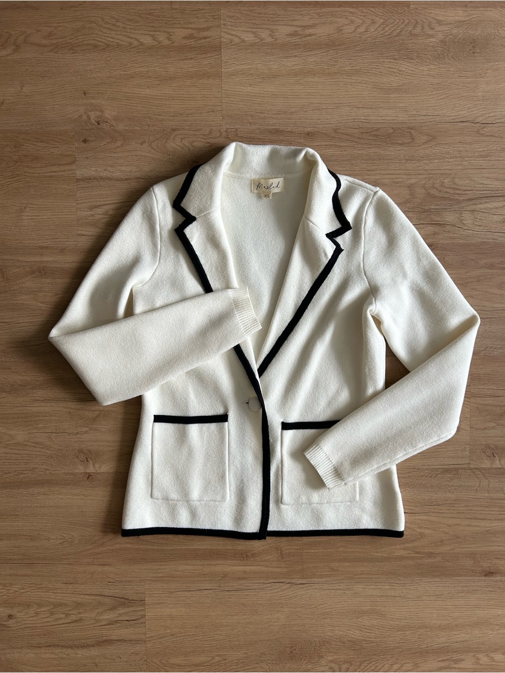 Marled Soft White Knit Blazer with Black Trim